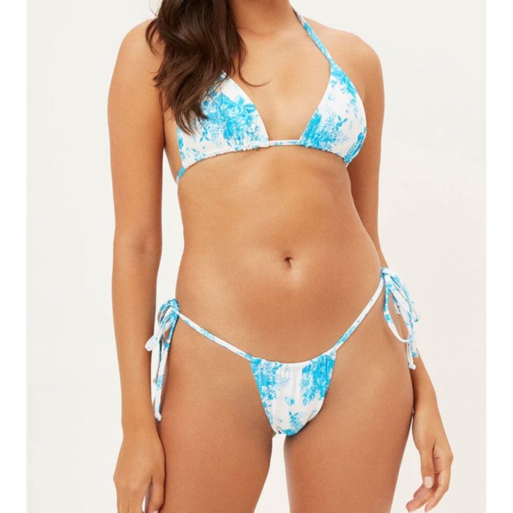 Frankies Bikinis Two Set Triangle Ruched Blue Floral Print XS